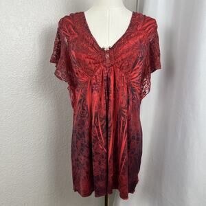 Y2K One World Top Womens Medium Red Lace Babydoll Tunic Fairy Whimsigoth Boho